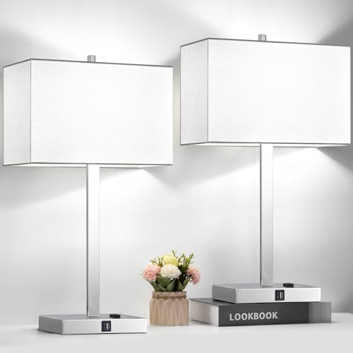 21' Set of 2 Touch Control Table Lamps with 2 USB & AC Outlets, 3-Way Dimmable Modern Nightstand Lamps for Bedroom Living Room Office Reading, White Shade Bedside Lamps, 5000K LED Bulbs Included.