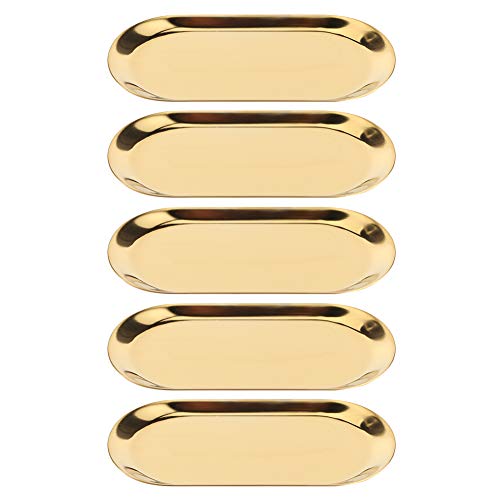 HERCHR 5PCS Trinket Tray, 7 Inch x 3.3 Inch Stainless Steel Jewelry Trays Gold Trays Bathroom Sink Vanity Trays Cosmetics Holder Display Organizer for Keys Phone Jewelry Watch Wallet Trinket