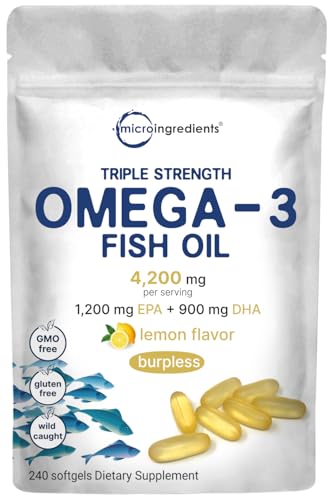 Triple Strength Omega 3 Fish Oil Supplements 4200mg Per Serving, 240 Softgels – Lemon Flavored – Burpless (Enteric-Coated) | EPA 1200mg + DHA 900mg | Deep Sea Fish, Wild Caught from Norwegian Waters