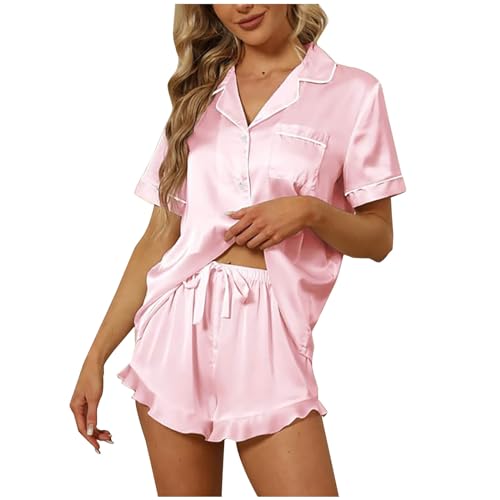 Pillamas Sexys Para Mujer,Silk Pajama Set for Women Shorts and Top,Summer Pjs,Sets Satin,Button Up,Pajamas,Comfy,2 Piece,Sleepwear,Lounge Sets,Returned Items for Sale Clearance