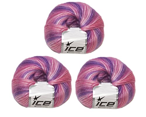 Ice Yarns Picasso Pink and Lilac Shades (3-Piece Pack) Fuzzy with Subtle Sheen Yarn 44% Acrylic, 56% Polyester (3x1.76 Oz),(3x125 yds)