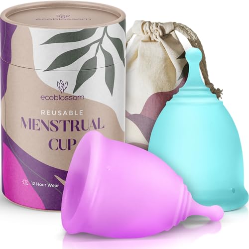 EcoBlossom Reusable Menstrual Cup Set - The Most Reliable Medical Grade Silicone Period Cups - Comfortably use for 12 Hours (Small & Large)