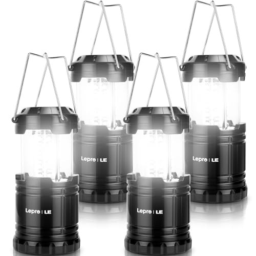 Lepro LED Camping Lanterns Battery Powered, Collapsible, IPX4 Water Resistant, Outdoor Portable Lights for Emergency, Hurricane, Storms and Outages, 4 Pack