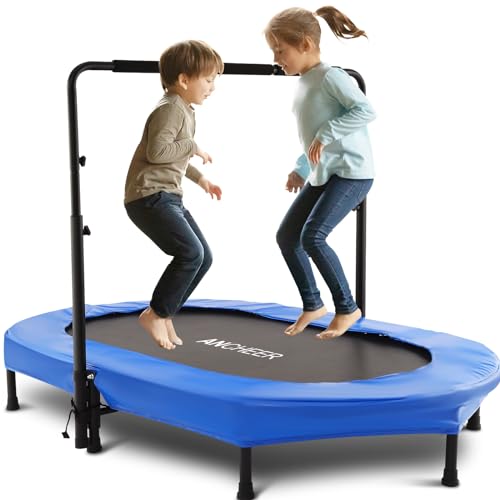 Kids Indoor Trampoline, ANCHEER 56' Foldable Mini Trampoline with 5 Level Adjustable Handle Bar DoubleTrampoline for Kid and Adults with Reinforced Stitching & Non-Slip Rubber Feet, 220lbs Max Load