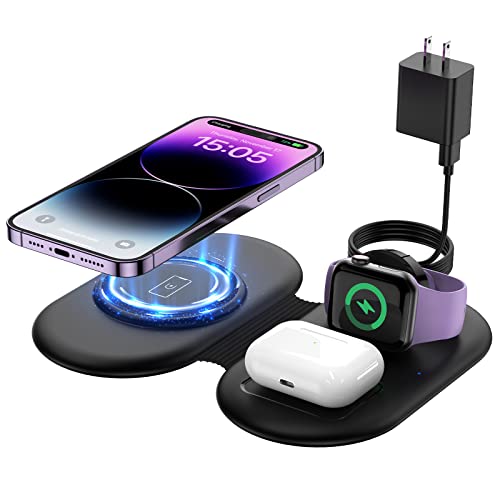 Wireless Charging Station, Folding Magnetic Travel Wireless Charger Pad for iPhone, Charging Station for iPhone 15/14/13/Pro Max, Compatible with Watch Ultra/9/8/7 for Air Pods 3/Pro