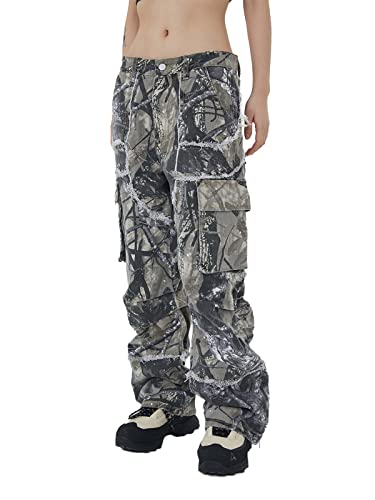 KGYA Unisex Camo Cargo Pants, Multi Pockets Raw Edge Oversized Straight Zipper Wide Legs Streetwear for Men and Women Hip Hop Style, S(28W)