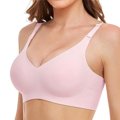 JOYTREE Silky Bras for Women No Underwire V Neck Bralettes for Women Cloud Feel Everyday T Shirt Bra with Extender-Pink, L