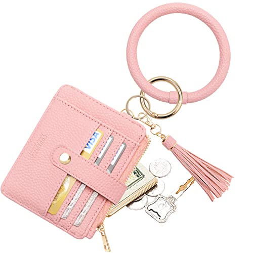 COOLANS Wristlet Bracelet Keychain Card Holder Card Pocket PU Leather Purse Tassel Keychain Bangle Key Ring for Women Girls (Purse 04 Pink)