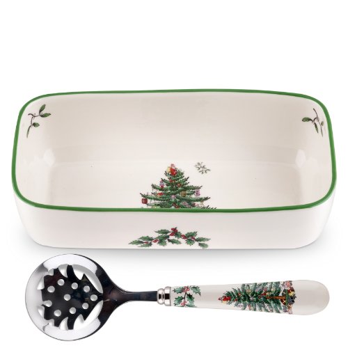 Spode Christmas Tree Cranberry Bowl with Slotted Spoon | 8 – inch Cranberry Sauce Serving Dish for Christmas with 6.5 – Inch Serving spoon | Made from Fine Earthenware | Dish is Microwave and Dishwasher Safe