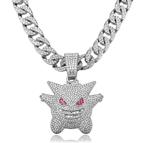 IDRUPACE Miami Mens Cuban Link Chain Silver Gold Plated Bling Cuban Necklace Diamond Chain for Men 13MM iced out chain Hip Hop Jewelry (Silver Chain+Elves Pendant, 18.0 Inches)