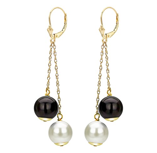 14K Gold Leverback Chain Drop Earrings with Freshwater Cultured 8-8.5mm White Pearl and Simulated Black Onyx