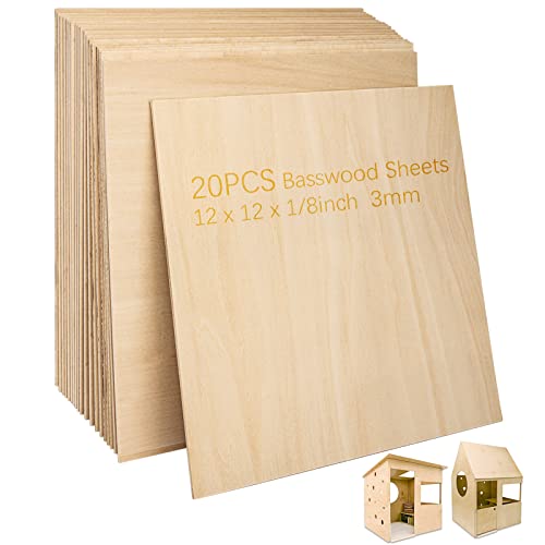 Basswood Sheets 1/8' - 3mm Plywood Sheets, 12 x 12 Inch Basswood Unfinished for Crafts, Laser Cutting, Engraving, DIY Arts, Drawing(20 Pack)
