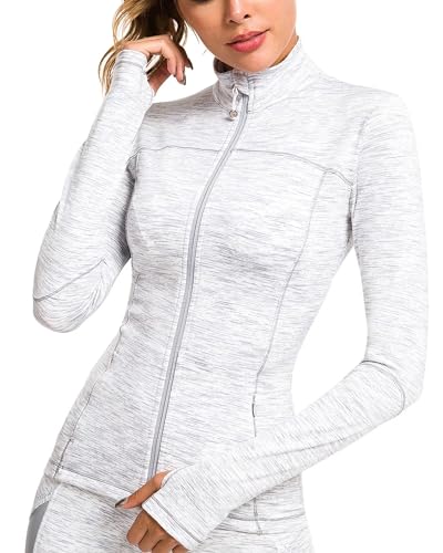 QUEENIEKE Womens Running Jacket Athletic Workout Jackets Track Full Zip Up Gym for Women Yoga Top Nurse Align Slim Fit Sport bbl Scrub Jacket Long Sleeve Sweater White Medium