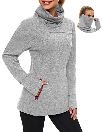 Soneven Running Pullover Womens Running Fleece Tops Cowl Neck Running Shirt fleece workout sweatshirt with Neck Gaiter and Thumb Holes Grey Large