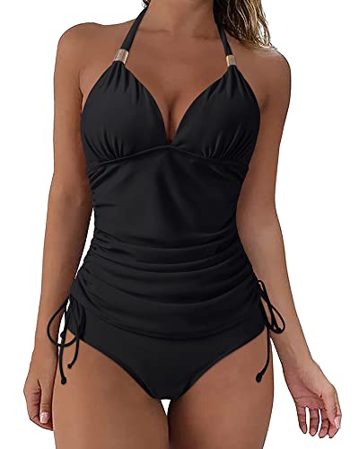 SUUKSESS Women Halter Tankini Bathing Suits Sexy Slimming Tummy Control Swimsuits 2 Pieces (Black, L)