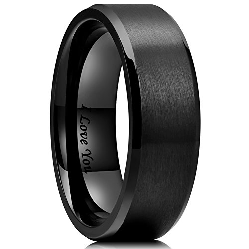 King Will BASIC 8mm Stainless Steel Ring Black Plated Matte Finish&Polished Beveled Edge with Laser Etched I Love You(10)
