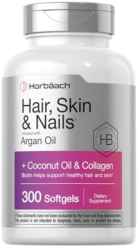 Horbäach Hair Skin and Nails Vitamins | 300 Softgels | with Biotin and Collagen | Infused with Argan and Coconut Oil | Non-GMO, Gluten Free Supplement
