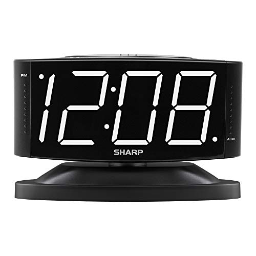 Sharp Home LED Digital Alarm Clock – Swivel Base - Outlet Powered, Simple Operation, Alarm, Snooze, Brightness Dimmer, Big White Digit Display, (Black-White LED)