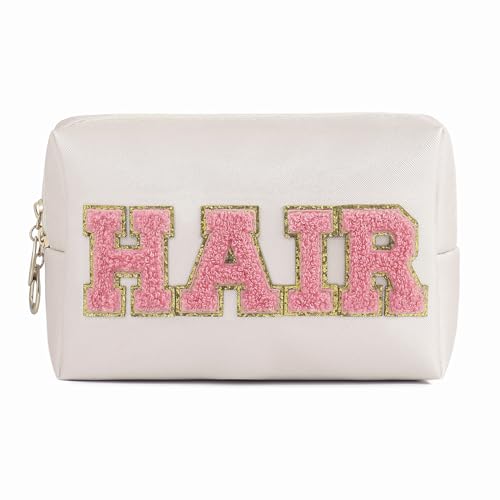 uekeboag PU Leather Preppy Hair Makeup Bag with Zipper,Cute Chenille Letter Patches Pink Travel Toiletry Pouch for Women Girls, Daily Use Portable Organizer Cosmetic Bag (Beige-HAIR)