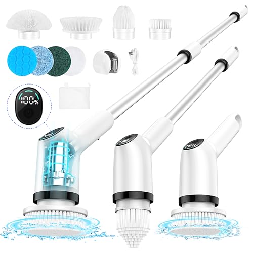 Electric Spin Scrubber, 2023 Upgrade Cordless Shower Scrubber with 8 Replaceable Brush Heads and 3 Adjustable Speeds, LED Screen and Extension Handle,Power Cleaning Brush for Bathroom Tub Grout Floor