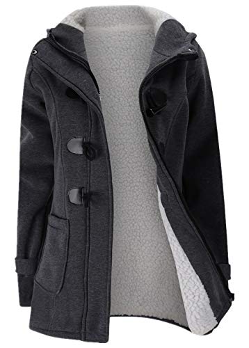 JiangWu Womens Fashion Horn Button Fleece Thicken Coat with Hood Winter Warm Jacket (X-Large, Dark-gray)
