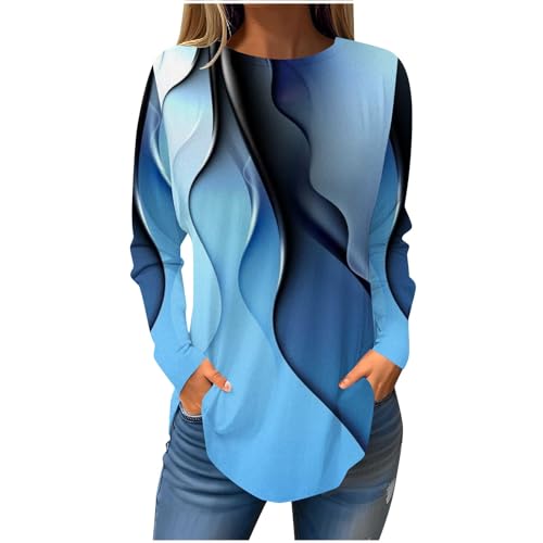 Pantalones Negros para Mujer Summer 2024 2025 Raglan Sleeves Long Blouses Casual Shirts for Women Marble Printting Graphic Crew Neck Long Sleeve Pullover Tunics A1-Blue Medium