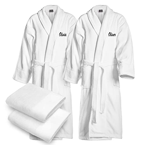 BEN KAUFMAN SALES CO Custom Bathrobes | 4pc 100% Cotton Velour Personalized His and Hers Robes For Couples With Matching Towels 30' x 58' | Spa Robe for Men & Women…