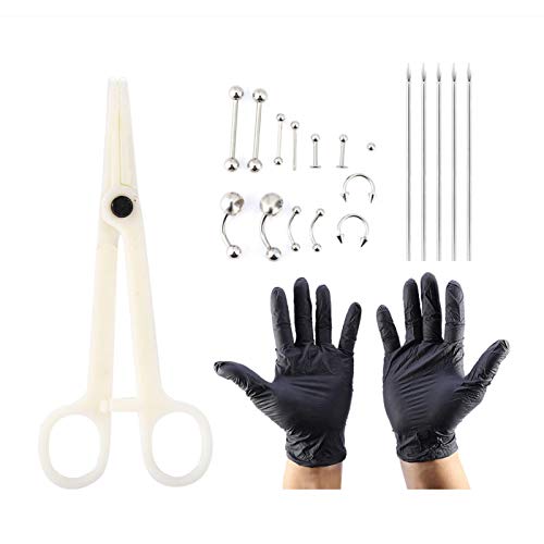 Asixx Piercing Kit, 20pcs/set Tongue Nose Belly Button Body Jewelry Piercing Rings Tool Kit with 1 Piercing Clamp, 1 Pair of Gloves, 5 Piercing Needles and 6 Pairs of Piercing Rings