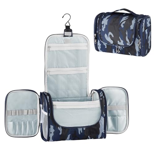 Buruis Large Capacity Toiletry Bag for Women and Men, Hanging Toiletry Organizer Cosmetics Makeup Bag, Water-resistant Dopp kit Shaving Bag for Full Sized Toiletries, Travel Essentials (Camo Blue)