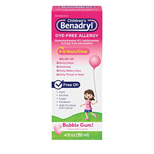 Children’s Benadryl Antihistamine Allergy Relief, Dye-Free Liquid, Bubble Gum Flavored, 4 Oz