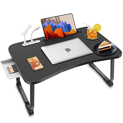 Fayquaze Portable Foldable Laptop Bed Table with USB Charge Port Storage Drawer and Cup Holder,Lap Desk Laptop Stand Serving Tray for Eating, Reading and Working