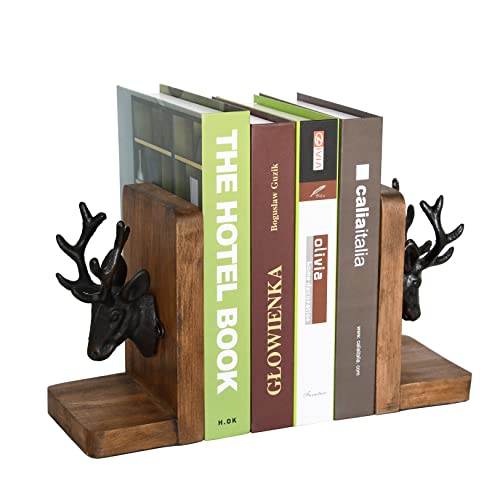 Vintage Cast Iron Deer Head & Antlers Design Decorative Elk Bookends for Shelves, Buck Book Holders, Reindeer Book Organizer, L-Shaped Wooden Desk Organizer, Heavy Duty Non-Skid Bookends (1 Pair)