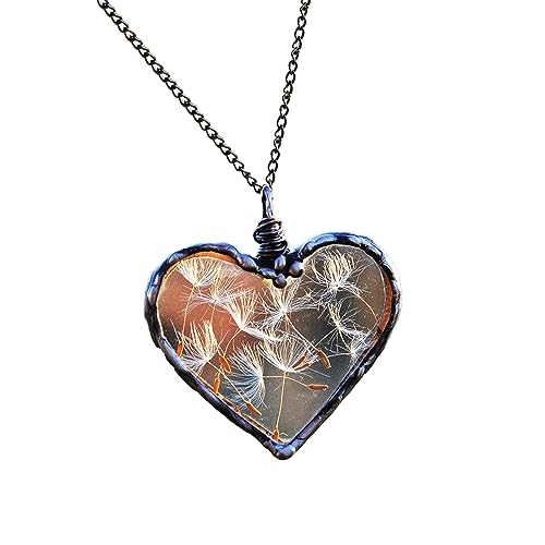 LUSTEA Dandelion Wish Necklace with Giftbox,Handmade Dandelion Heart Glass Pendant Necklace With Real Dandelion Seed,Nature Jewelry Good Luck Charm for Women Girls