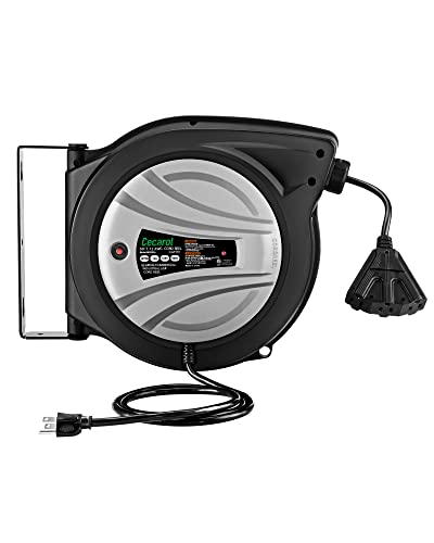 Cecarol Extension Cord Reel 12AWG/3C SJTOW 65FT Retractable Cord with Triple Tap, 15A/ 125V/ 1875W, Slow Retraction Tech, Circuit Breaker, Power Indicator, 180° Swivel (65FT, Black)