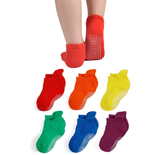 EPEIUS Baby Socks Toddler Non-slip SocksThick Cotton Ankle Socks with Grips Kids Boys Girls Cozy Cushion Low cut Socks 6 Pair Pack,Rainbow Set,3-5 Years