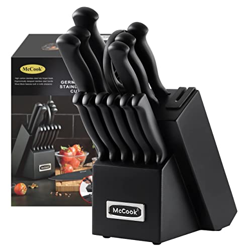 McCook Knife Sets,German Stainless Steel Knife Block Sets with Built-in Sharpener, Black