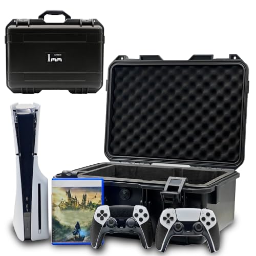 Hard Shell Travel Case Compatible with PlayStation 5 Slim Console, Controllers,Accessories-Waterproof PS5 Slim Carrying Case with Customized Foam for Both Standard and Digital Editions (FOR PS5 SLIM)