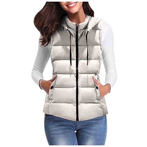 Womens Down Vest with Hood Sleeveless Zip Up Puffy Padded Quilted Vest Winter Coats Insulated Jacket Gilet Puffer Vest Beige Large
