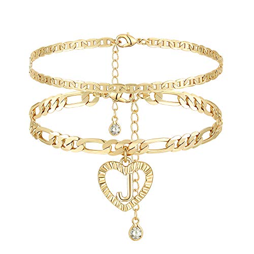 YANODA Initial Ankle Bracelets for Women 14K Gold Plated Layered Figaro Chain Letter Initial Anklets Handmade Layered Heart Ankle Bracelets Personalized Gifts for Women Teen Girls J