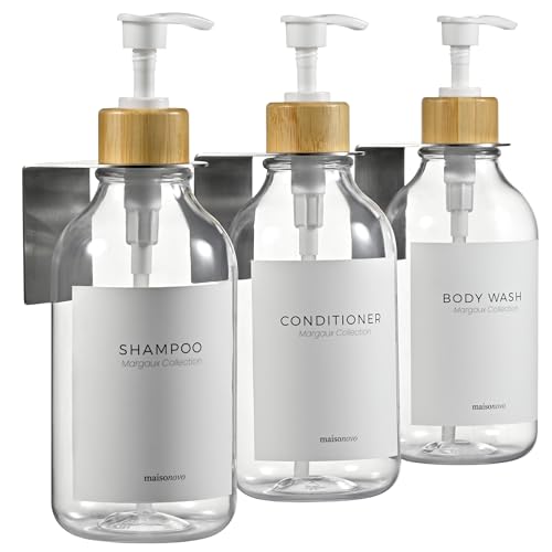 MaisoNovo Shampoo and Conditioner Dispenser | 3 Bamboo Plastic Clear 3 Wall Mount Silver| Shampoo Dispenser with Labels | Shower Bottles Refillable