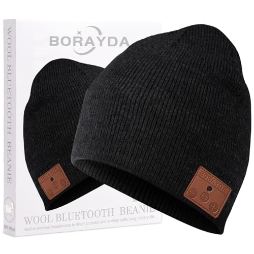 BORAYDA Bluetooth Beanie, Bluetooth 5.2 Wool Hat HD Stereo,24 Hours Play Time,Built-in Microphone, Men's/Women's Christmas Electronic (Black)