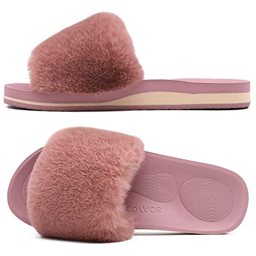 COFACE Womens Slides Fuzzy House Slippers for Women Open Toe Fluff Slippers With Arch Support Plantar Fasciitis Orthotic Slippers Women House Shoes Indoor Size 8
