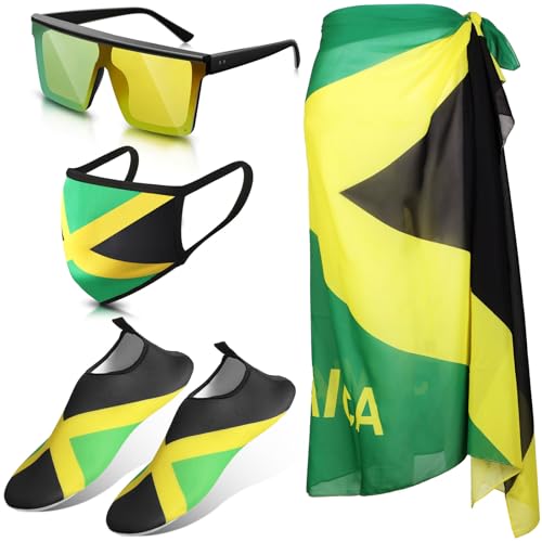 Yahenda 4 PCS Women's Jamaican Swimsuit Black Sarong Set With Water Shoe, Mask, Sunglasses (Jamaican Color,Women 8.5-9.5)