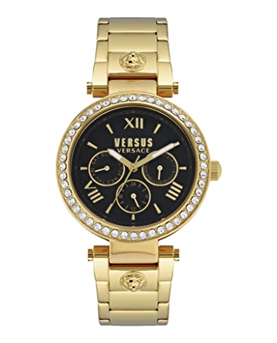 Versus Versace Camden Market Collection Luxury Womens Watch Timepiece with a Gold Bracelet Featuring a Gold Case and Black Dial