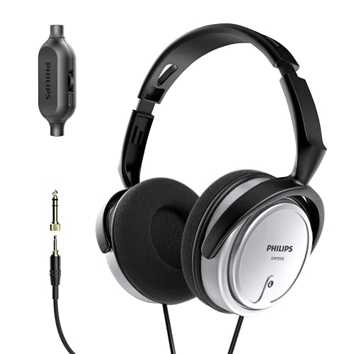 PHILIPS Over Ear Wired Stereo Headphones for Podcasts, Studio Monitoring and Recording Headset for Computer, Keyboard and Guitar with 6.3 mm (1/4') Add On Adapter- Silver