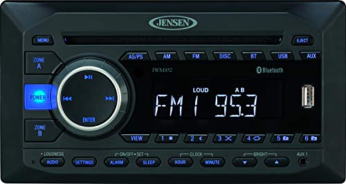 Jensen JWM452 2-Speaker Zones AM/FM|DVD|BT|AUX|USB Bluetooth Wall Mount Stereo, Front USB w/ MP3/WMA Playback, DVD/CD-R/RW Slot and MP3 Compatible, Front AUX A/V Input (3.5mm), Remote Control Included