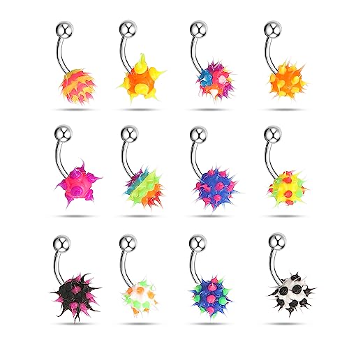 Memsion 316L Surgical Stainless Steel Belly Button Piercing 14G Hypoallergenic Belly Button Ring Silicone Soft Spike Ball Belly Navel Rings Pack 12pcs Mix Colors Belly Rings for Women Men