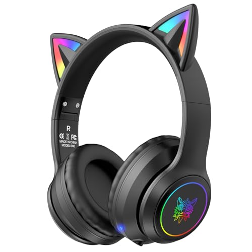 ONITOON Cat Ear Bluetooth Headphones with Micphone for Kids & Adults, LED Light Up Wireless HI-FI Sound Quality, Over-Ear Headphones with Volume Control for iPhone/iPad/Laptop/PC(55H Play Time)
