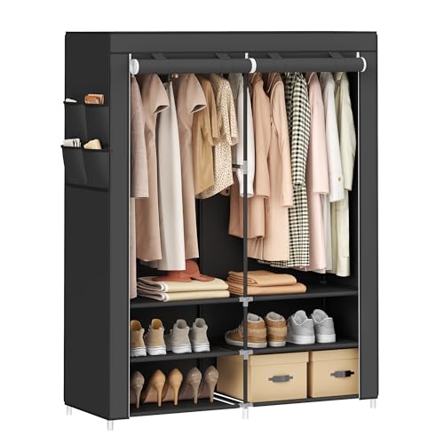 SONGMICS Portable Closet Wardrobe with Shoe Rack and Cover, Closet Storage Organizer, 2 Hanging Rods, Shelves, and 4 Side Pockets, 50 x 17.7 x 69.3 Inches, Spacious for Bedroom, Black URYG008B02