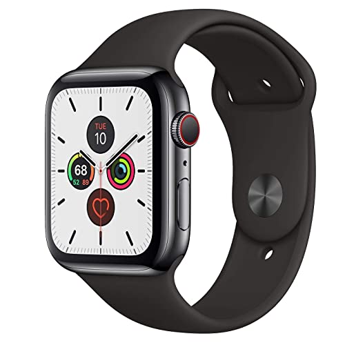 Apple Watch Series 5 (GPS + Cellular, 44MM) Space Black Stainless Steel Case with Black Sport Band (Renewed)